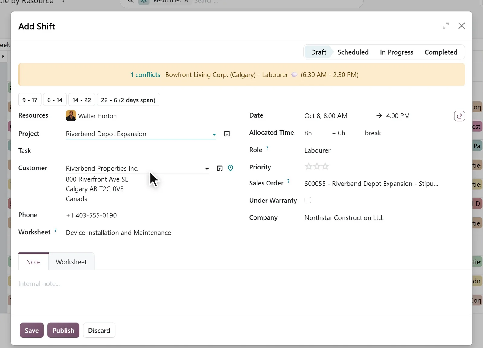 Planning in Odoo 20 on a construction company database