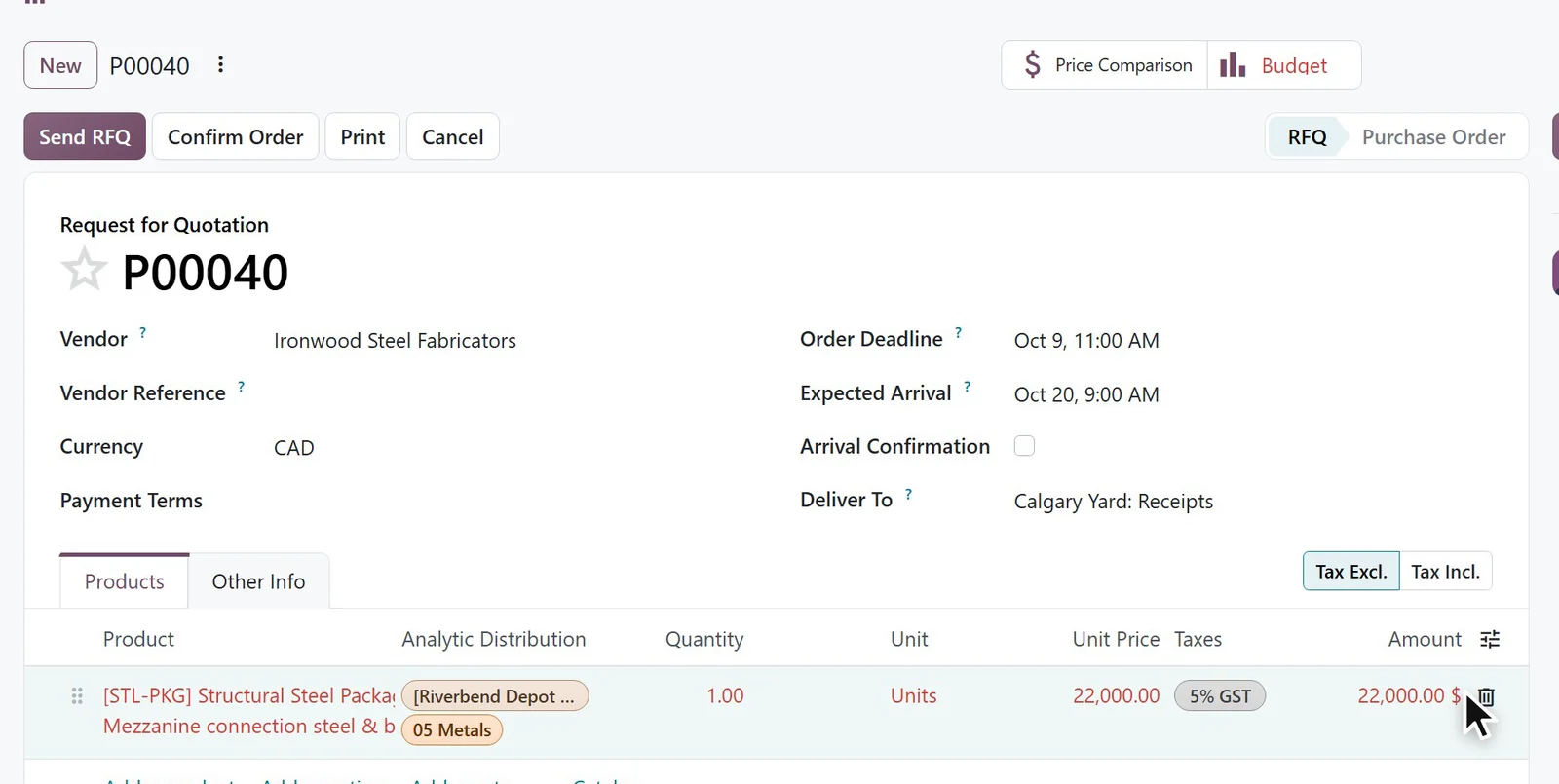 Purchase Orders in Odoo 20 on a construction company database
