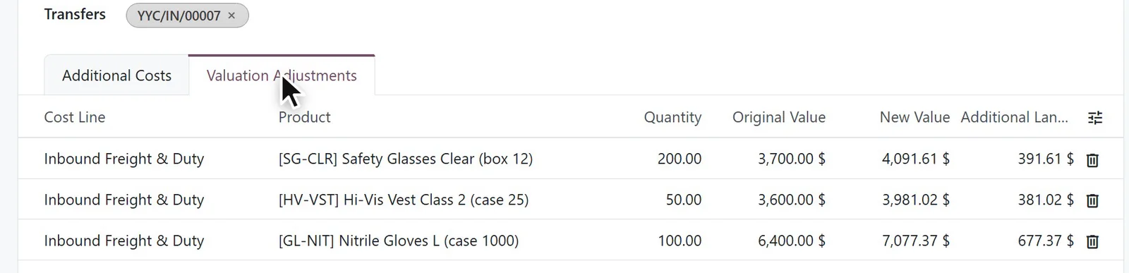 Landed costs in Odoo 20 on a distributor database