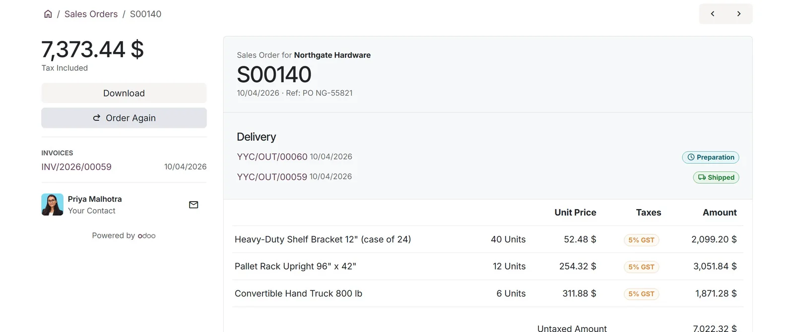 Ordering portal in Odoo 20 on a distributor database