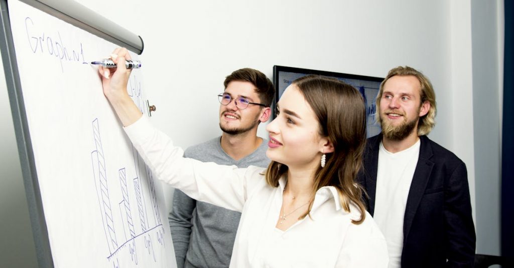 Three professionals collaborating on a business graph presentation in an office setting.